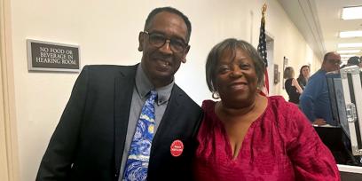 Retired AFT members, Rita Runnels (Texas AFT Plus) and Howard Heath (Chicago Teachers Union/IFT), outside of a House Ways and Means Subcommittee on Social Security hearing.