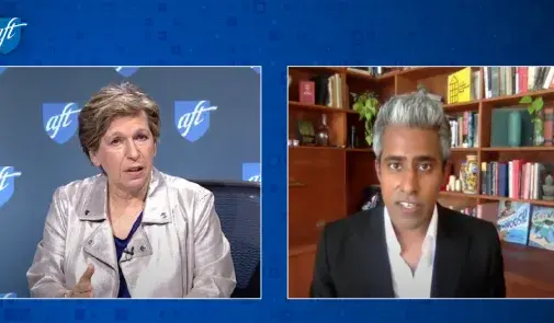 Randi and Anand Giridharadas on a panel