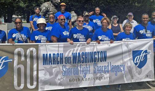 Photo of AFT members getting ready to March on Washington