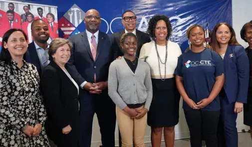 Union leaders, city officials and students celebrate the announcement of funding for DC Healthcare Academy.