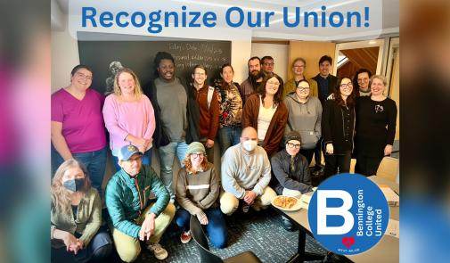 group of diverse adults pose for picture beneath digital banner that reads "recognize our union"