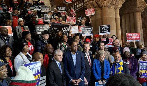 Labor leaders, community activists, and healthcare workers rallied in Albany, N.Y., on Feb. 7 to urge the state to drop its plan to close SUNY Downstate Hospital in Brooklyn.