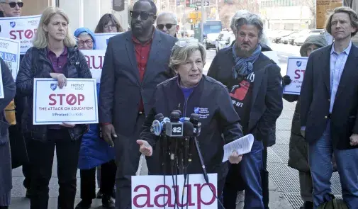 Weingarten announcing a lawsuit to stop the federal funding cuts at Columbia University.
