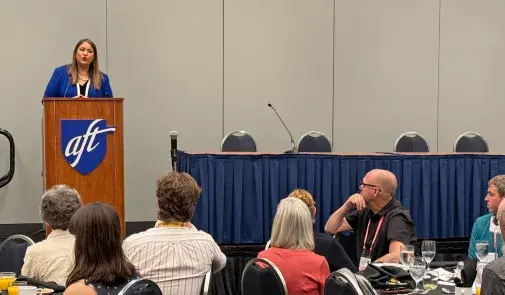 Democracy Forward President Skye Perryman speaking to AFT public employees.