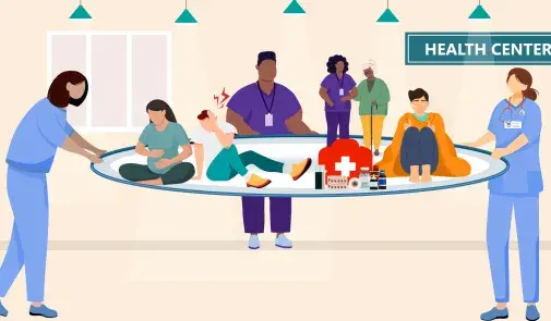 Illustration shows healthcare workers acting as the public healthy safety net taking care of people in front of a sign that reads "Health Center"
