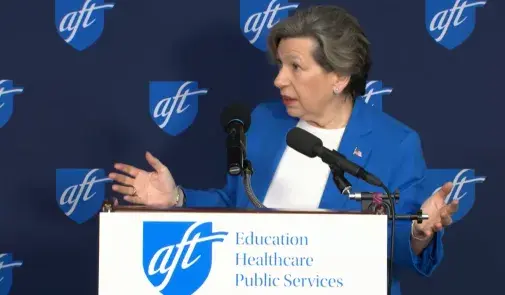 AFT President Randi Weingarten delivers a speech at the National Press Club in Washington, D.C. on May 27. During the speech, the union president spoke about the importance of schools fostering human connections in an age of artificial intelligence. She unveiled a 10-point plan that addresses concerns around AI and technology in schools. Credit: AFT 