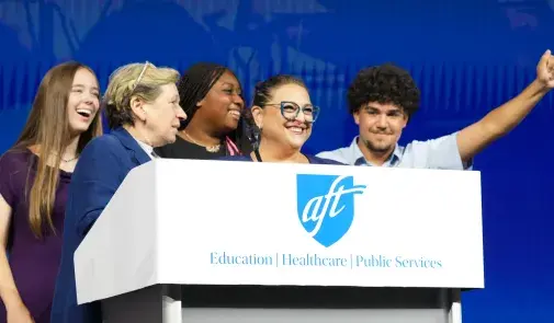 AFT leaders and high school students celebrate CTE.