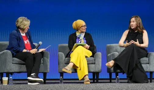 AFT President Randi Weingarten and panelists discuss how to facilitate productive conversations across cultural divides onstage at the AFT’s convention.