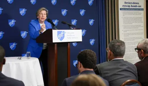 AFT President Randi Weingarten delivers a speech at the National Press Club in Washington, D.C. on May 27. During the speech, the union president spoke about the importance of schools fostering human connections in an age of artificial intelligence. She unveiled a 10-point plan that addresses concerns around AI and technology in schools. Credit: AFT 