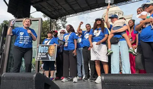 Weingarten (left) speaks at the All Roads Lead to the South day of action in Montgomery, Ala., on May 16. Photo credit: courtesy of AFT staff