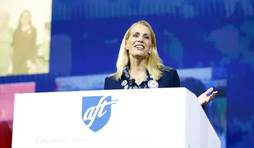 Association of Flight Attendants-CWA President Sara Nelson addressing AFT delegates.