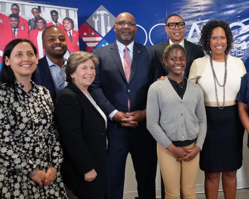 Union leaders, city officials and students celebrate the announcement of funding for DC Healthcare Academy.