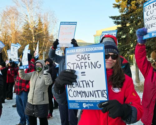 Members holding up signs that read "Alaska Nurses Association: Safe Staffing = Healthy Communities", "Help Us Help You", "Don't Cut Bedside Nursing" and more