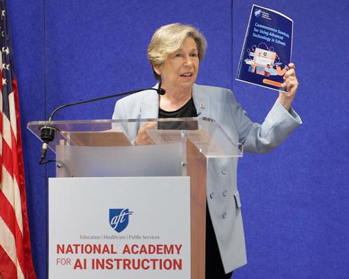 AFT President Randi Weingarten speaking at a podium