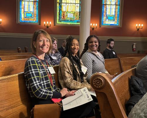 From left, Clare Berke with her journalism students Armani Bailey and Alayah Benjamin, who reported on the AFT-affiliated conference about experiential learning.