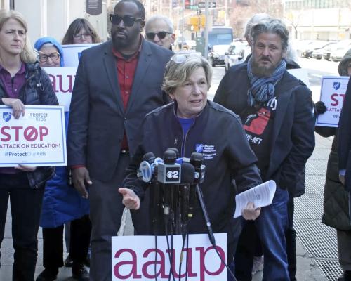 Weingarten announcing a lawsuit to stop the federal funding cuts at Columbia University.