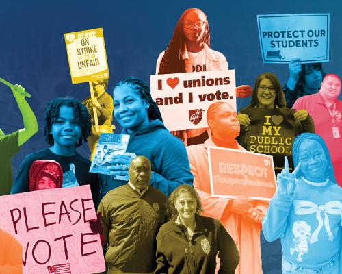 Collage of AFT members, activsts, and community members
