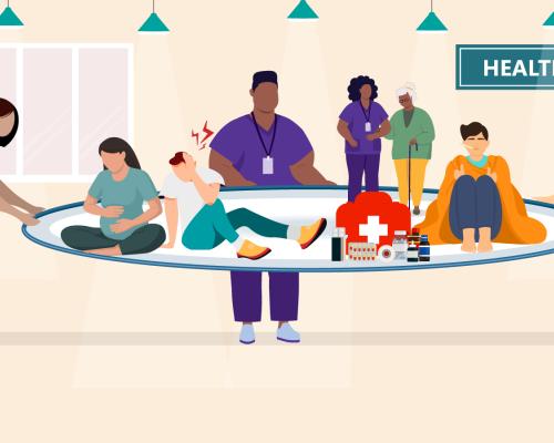 Illustration shows healthcare workers acting as the public healthy safety net taking care of people in front of a sign that reads "Health Center"