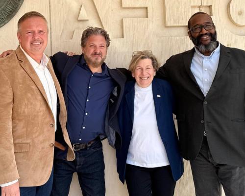 From left: Zeph Capo, president of the Texas AFT; Todd Wolfson, the president of the American Association of University Professors; Randi Weingarten, president of the AFT; and Dr. Leonard Bright, a professor at Texas A&M University.  Credit: AAUP 