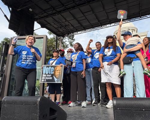 Weingarten (left) speaks at the All Roads Lead to the South day of action in Montgomery, Ala., on May 16. Photo credit: courtesy of AFT staff