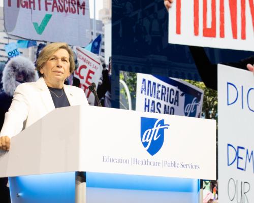 Weingarten speaking at the AFT convention on July 16 in Washington, D.C. 