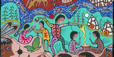 Arte del artista de las Primeras Naciones Bruce Beardy, encargado por el Ontario College of Teachers para ilustrar los Estándares éticos de práctica para la profesión docente: confianza.