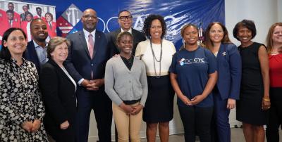 Union leaders, city officials and students celebrate the announcement of funding for DC Healthcare Academy.
