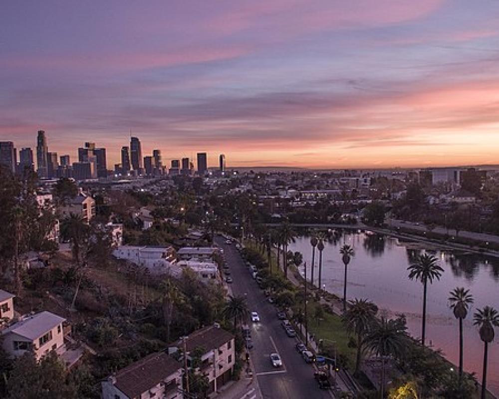 Photo of Echo Park Lake with Downtown Los Angeles Skyline