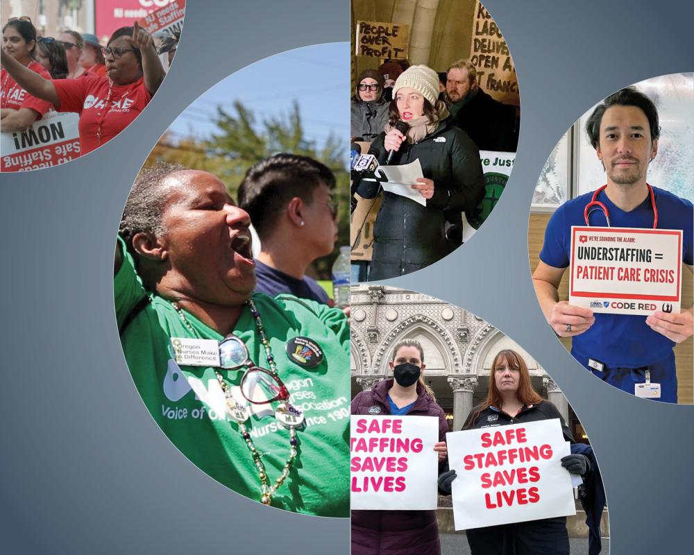Photo collage for the the fall 2023 issue of AFT Health Care