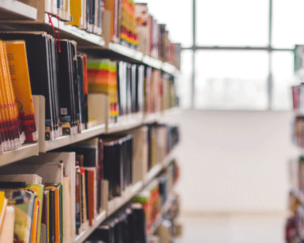 image of an aisle of books in a library