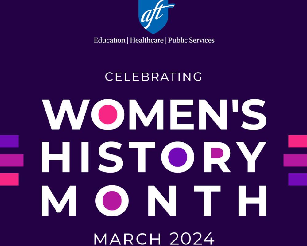 dark purple background with lighter purple and dark pink lines on each side with the text Women's History Month March 2024