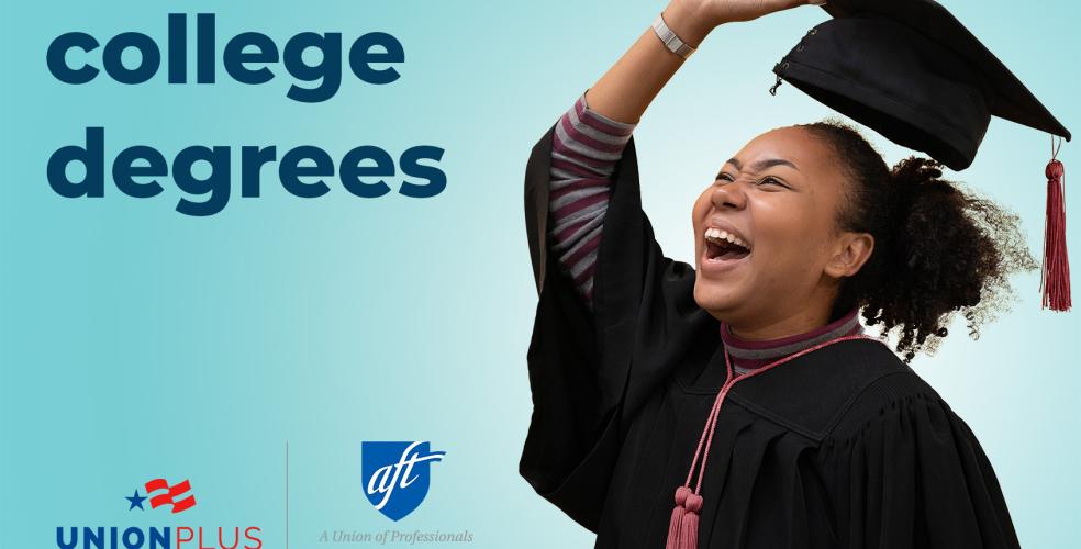 woman with grad cap and gown with the words "affordable college degrees"