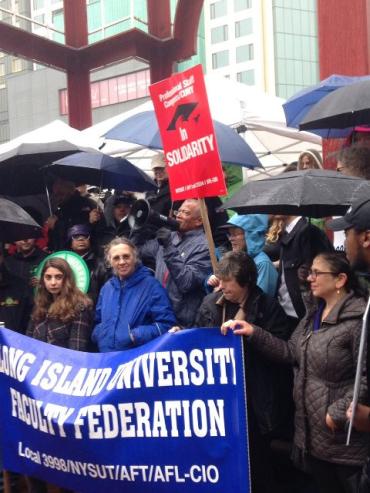 Randi Weingarten with protestors