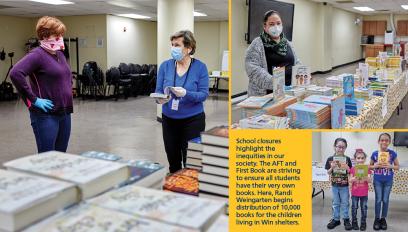 School closures highlight the inequities in our society. The AFT and First Book are striving to ensure all students have their very own books. Here, Randi Weingarten begins distribution of 10,000 books for the children living in Win shelters.