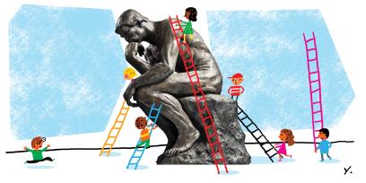 La estatua de "El pensador" de Rodin está siendo escalada por niños con ilustraciones coloridas con escaleras de varias alturas.