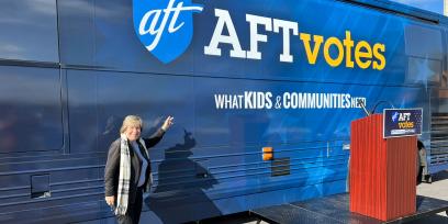 Randi Weingarten with AFTVotes bus