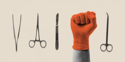 photo collage of surgical instruents and a gloved, upraised fist