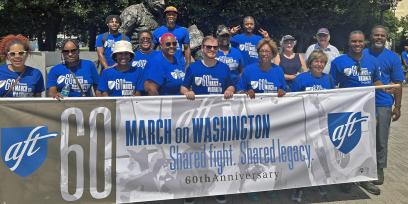 Photo of AFT members getting ready to March on Washington