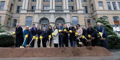 AFT President Randi Weingarten, fifth from left, joins regional officials and Micron executives at the groundbreaking in Syracuse. Photo courtesy of Gov. Hochul's office.