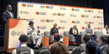 Photo of speakers from left, Fedrick Ingram, Jitu Brown, Alexis Holmes, Lynne Long, Ladara Royal, Alana Rigby.