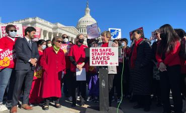 Randi Weingarten, president of the AFT; John Brady, RN, executive vice president of AFT Connecticut and chair of the AFT Nurses and Health Professionals program and policy council; Tamie Cline, RN, president of the Oregon Nurses Association; and Debbie White, RN, president of Health Professionals and Allied Employees joined together for a press conference praising the introduction of the Nurse Staffing Standards for Patient Safety and Quality Care Act