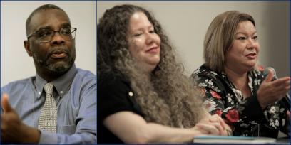Foto de los presentadores (desde la izquierda) Kareem Weaver, Sarah Elwell y Bethzaida "Betsy" Sotomayor involucran a los participantes en el mini-instituto de alfabetización previo a TEACH