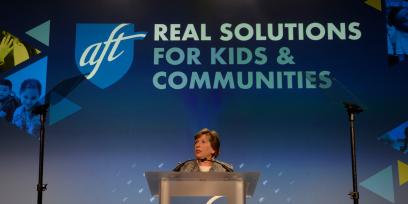 Photo of AFT President Randi Weingarten delivering the keynote address at TEACH 2023