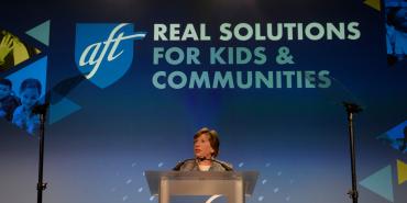 Photo of AFT President Randi Weingarten delivering the keynote address at TEACH 2023