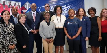 Union leaders, city officials and students celebrate the announcement of funding for DC Healthcare Academy.