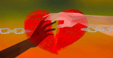 a Black hand and a White hand reach for each other, layered over two halves of a heart and a broken chain, symbolizing a need to repair trust