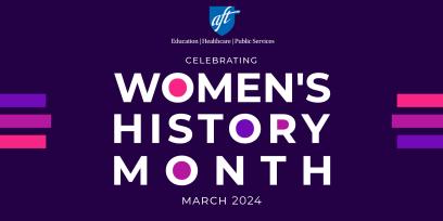 dark purples background with lighter purple and dark pink lines on each side with the text Women's History Month March 2024