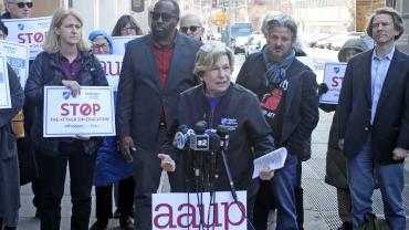 Weingarten announcing a lawsuit to stop the federal funding cuts at Columbia University.