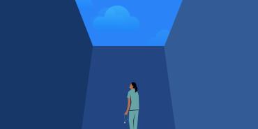 an illustration of a nurse standing at the bottom of a deep pit, looking up at the sky