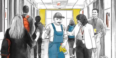 a watercolor illustration of Marty Lujan greeting students and staff in a NMHU hallway